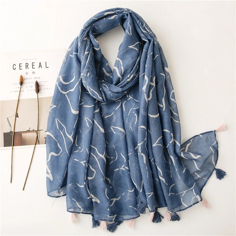 Dames Mode Blauwe Marmerprint Lange Sjaal Met Gekleurde Kwastjes Zacht Polyester Zonbescherming Reizen Strand Omslagdoek Voor Vrouwen
