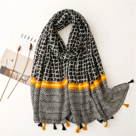 Western Retro Geometric Grid Color Block Scarf For Women Polyester Cotton Linen Feel Long Shawl Tassels Sun Protection Scarf