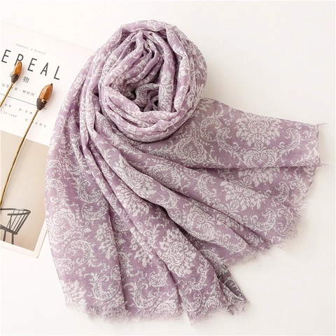 Bufanda Larga Mujer Chal Estampado Flores Damasco Retro Tacto Algodón Lino Ligero Transpirable Elegante