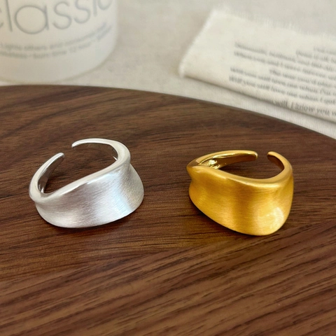 Irregular Waved Wide Band Open Ring Copper 18K Gold Plated Brushed Matte Minimalist Geometric Jewelry For Women