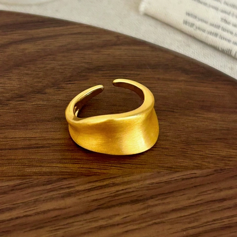 Irregular Waved Wide Band Open Ring Copper 18K Gold Plated Brushed Matte Minimalist Geometric Jewelry For Women