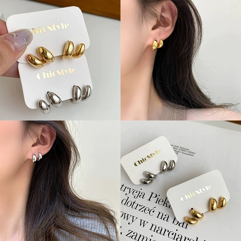 Geometric Double Loop Stud Earrings Copper Gold Silver Plated Polished Mirror Finish Minimalist Chic For Women Daily Jewelry