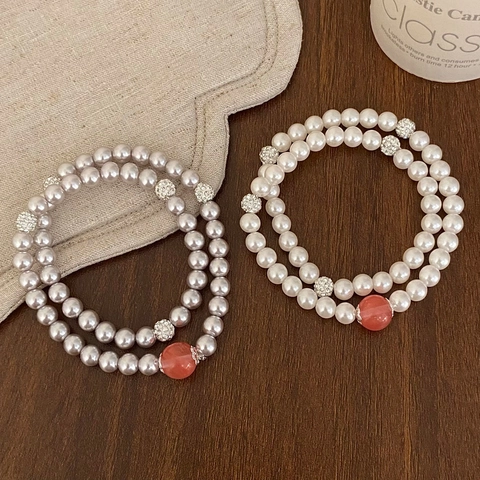 Bracciale Di Künstliche Perle Artificiali Multistrato Con Distanziatori In Strass Elegante Versatile Gioielli Elastici Per Donna