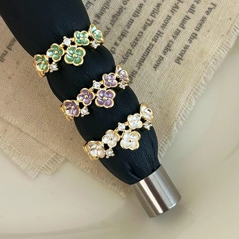 Bague Fleur Émail Huile Égouttée Cuivre Plaqué Or Ouverte Ajustable Zircon Bijoux Pour Femmes