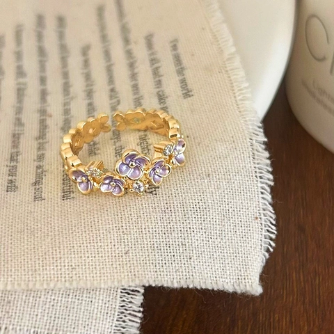Bague Fleur Émail Huile Égouttée Cuivre Plaqué Or Ouverte Ajustable Zircon Bijoux Pour Femmes