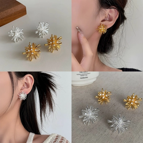 Irregular Starburst Fireworks Stud Earrings With Copper Earring Post Zircon Inlay Elegant Fashion Jewelry For Women