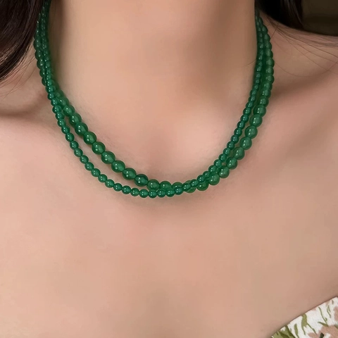 Collier De Perles En Calcédoine Verte Avec Fermoir En Métal Galvanisé Chaîne De Clavicule Rétro Élégante Pour Femmes Bijou Mode