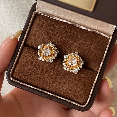 Vintage Blumen Ohrstecker Bicolor Kupfer 18K Vergoldet Zirkonia Mit 925 Sterling Silber Ohrring Stecker Für Damen