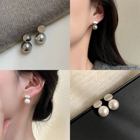 Artificial Pearl Stud Earrings With Mirror Finish Round Metal Disc Minimalist Geometric Elegant Chic Jewelry For Women