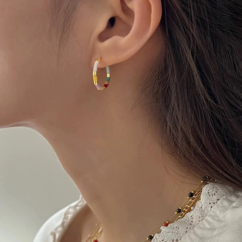 Pendientes De Aro Textura Bambú Cobre Chapado En Oro 18K Esmalte Bloque Color Estilo Retro Poste Plata Esterlina 925