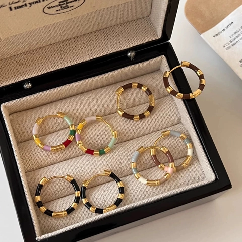 Pendientes De Aro Textura Bambú Cobre Chapado En Oro 18K Esmalte Bloque Color Estilo Retro Poste Plata Esterlina 925