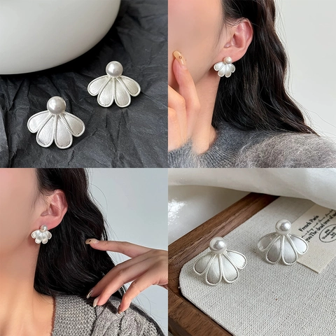 Brushed Petal Stud Earrings With Artificial Pearl Copper Brass Elegant Vintage Jewelry For Women