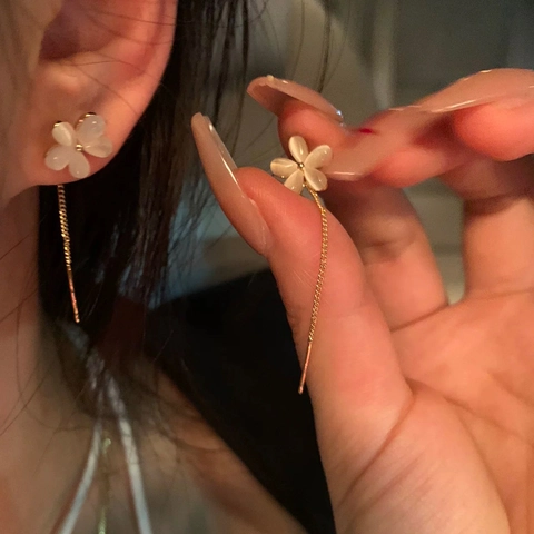 Elegante Blumen Katzenauge Stein Lange Quaste Kette Durchzieher Ohrringe Messing 14K Vergoldet Mit Silber Ohrringpfosten