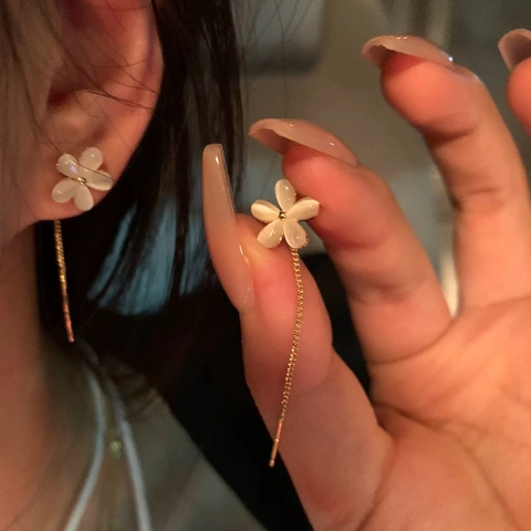 Elegante Blumen Katzenauge Stein Lange Quaste Kette Durchzieher Ohrringe Messing 14K Vergoldet Mit Silber Ohrringpfosten