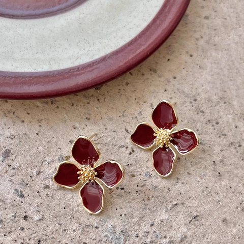 Orecchini A Lobo Floreali Eleganti Rame Smalto Quadrifoglio Placcato Oro 18K Con Perno In Argento Sterling 925 Per Donna