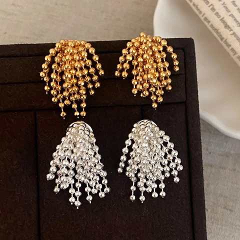 Metal Bead Tassel Stud Earrings For Women Copper Firework Fan Shape Cluster Dangling Chic Light Luxury High Sense Jewelry