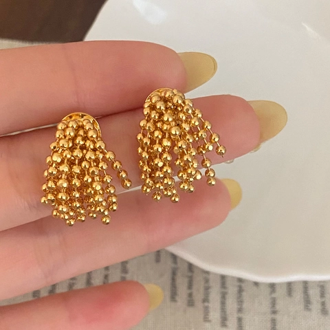 Metal Bead Tassel Stud Earrings For Women Copper Firework Fan Shape Cluster Dangling Chic Light Luxury High Sense Jewelry