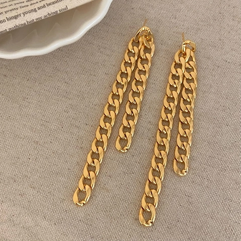Orecchini Pendenti Lunghi Con Nappa A Catena Cuban Dorata Stile Industriale Minimalista Con Perno In Argento Sterling 925