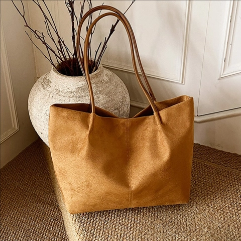 Minimalist Large Capacity Tote Bag Suede PU Leather Retro Casual Commuting Shoulder Handbag For Women