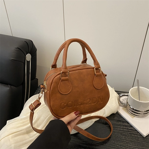Bolso Bandolera de Concha de Cuero PU Retro Para Mujer Minimalista Color Sólido Con Relieve Bolso de Mano Con Correa de Hombro Ajustable Bolso Boston Pequeño