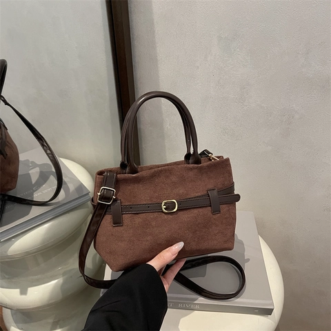 Retro Suede Tote Bag For Women Vintage Frosted Leather Shoulder Bag With Adjustable Strap Small Square Crossbody Handbag