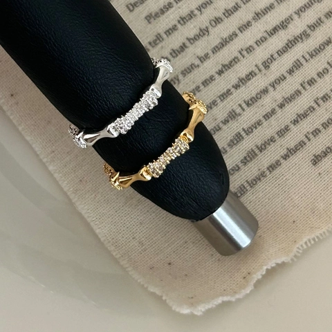 Vintage Minimalist Bamboo Joint Ring Copper Cubic Zirconia Inlaid Luxury Adjustable Opening Band Jewelry For Women Gift