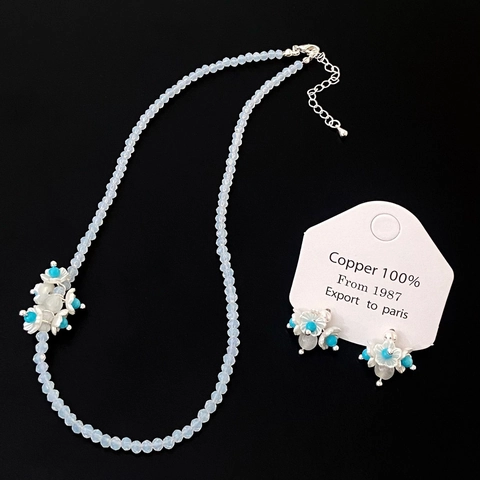 Flower Beaded Necklace And Earrings Protein Crystal Blue Turquoise Cat Eye Stone Silver Plated Copper Elegant For Women