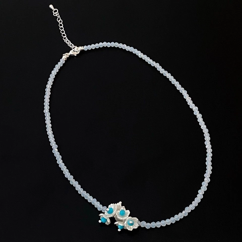 Flower Beaded Necklace And Earrings Protein Crystal Blue Turquoise Cat Eye Stone Silver Plated Copper Elegant For Women