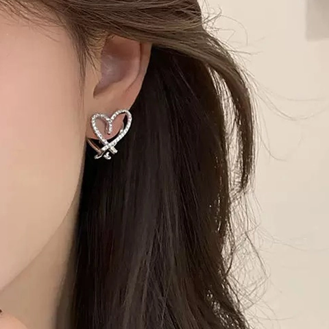 Zircon Inlaid Hollow Double Heart Stud Earrings Copper 18K Gold Plated 925 Sterling Silver Earring Post For Women