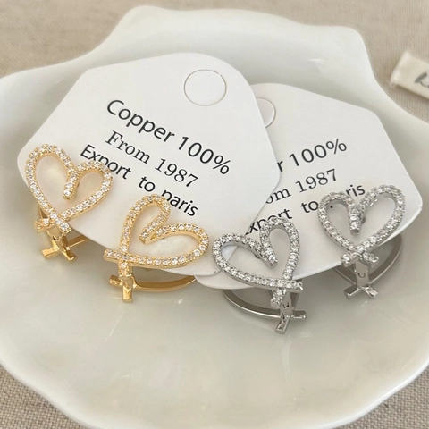Elegant Heart Hoop Earrings For Women Copper Hollow Design With Micro Pave Zircon Minimalist Jewelry