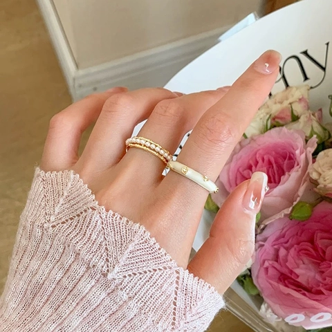 Elegant Copper Open Rings For Women Adjustable Enamel Star Flower Pattern With Imitation Artificial Pearls Zircon Fashion