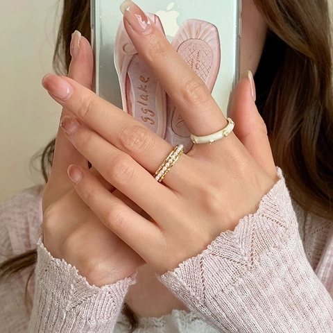 Elegant Copper Open Rings For Women Adjustable Enamel Star Flower Pattern With Imitation Artificial Pearls Zircon Fashion