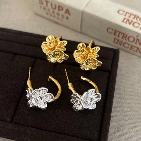 Pendientes De Botón De Flor Retro Vintage Metal Mixto Bañado En Oro Cobre Joyas Florales Mujeres Accesorio Minimalista
