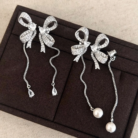 Orecchini Pendenti Fiocco Nappa Rame Micro Pave Zircone Perla Artificial Imitazione Con Perno In Argento Sterling 925 Per Donna
