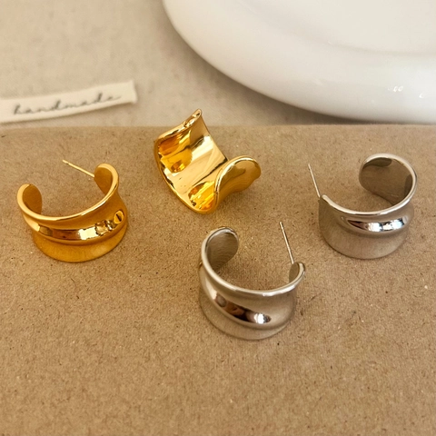 Irregular Wave C Shaped Stud Earrings With 925 Sterling Silver Earring Post Copper High Polish Minimalist For Women