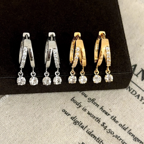 Pendientes De Aro Con Circonita De Doble Capa Cobre Elegante Minimalista Colgante Piedra Redonda Joyería Moda Mujer