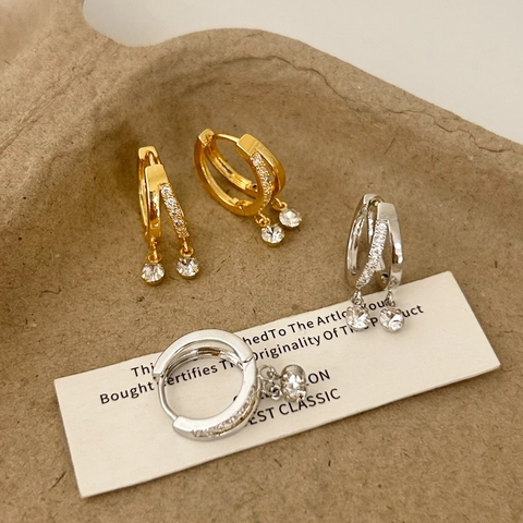 Pendientes De Aro Con Circonita De Doble Capa Cobre Elegante Minimalista Colgante Piedra Redonda Joyería Moda Mujer