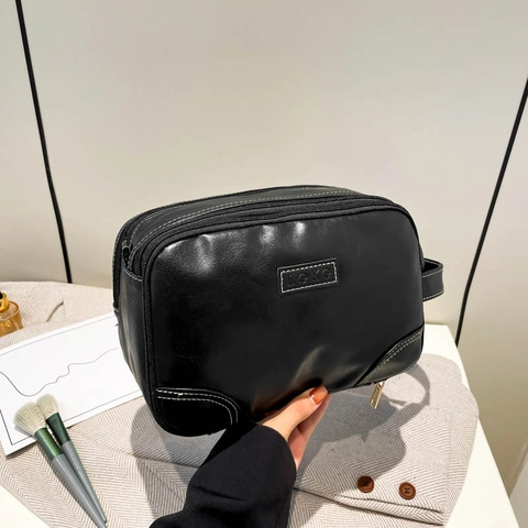 Beauty Case Minimalista da Donna in Pelle Sintetica con Tripla Cerniera Organizer per Trucco da Viaggio di Grande Capacità
