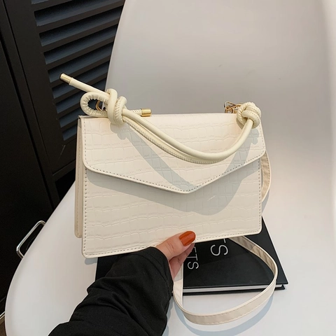 Crocodile Embossed Shoulder Bag PU Leather Knotted Handle Crossbody Purse Women Small Square Envelope Handbag