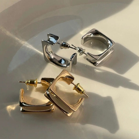 Geometric Square Stud Earrings For Women Minimalist Polished Copper Hollow Rectangular Individual Modern Style Jewelry