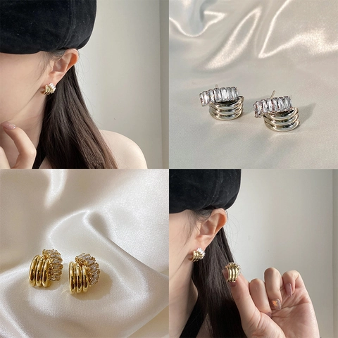 Geometric Multi Layer C Shape Stud Earrings With Zircon And 925 Sterling Silver Earring Post