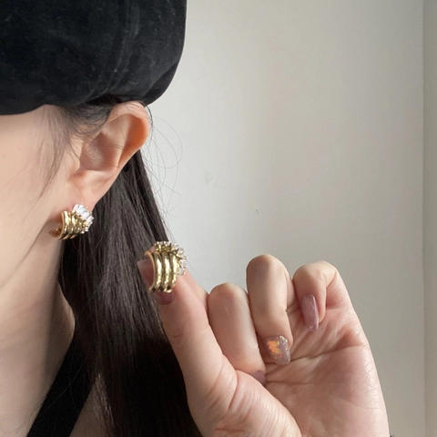 Geometric Multi Layer C Shape Stud Earrings With Zircon And 925 Sterling Silver Earring Post