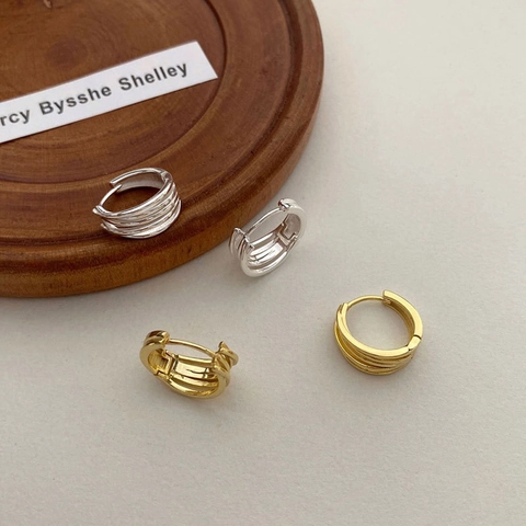 Orecchini A Cerchio Geometrici Multistrato In Ottone Con Perno In Argento Sterling 925 Design Minimalista Filo Avvolto