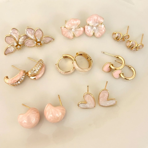 Boucles D'Oreilles Poussettes Coeur Fleur Papillon Émail Rose Cuivre Plaqué Or Bijoux Doux Élégants Femmes