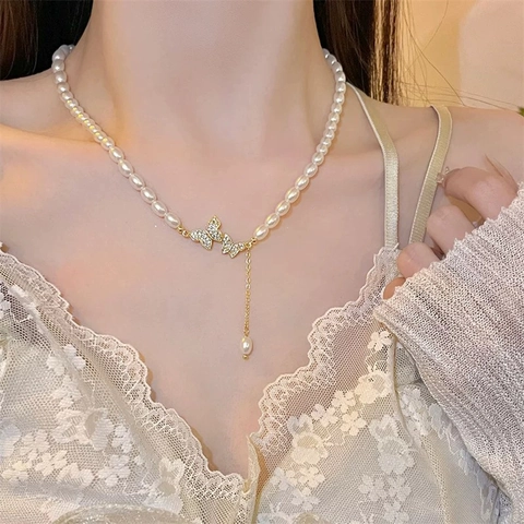 Collana Künstliche Perle Farfalla Pendente Doppia Farfalla Zircone Nappina Gioielli Rame Elegante Donna Dolce