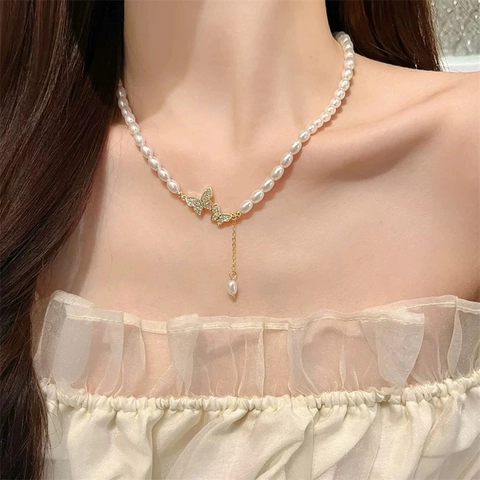 Collana Künstliche Perle Farfalla Pendente Doppia Farfalla Zircone Nappina Gioielli Rame Elegante Donna Dolce