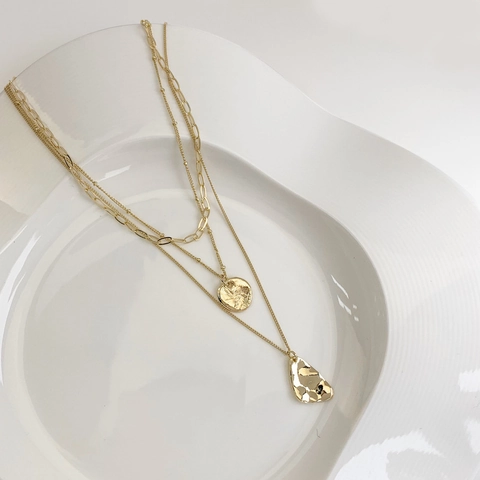 Multi Layered Necklace Gold Plated Copper Hammered Coin Geometric Irregular Pendant Minimalist Elegant For Women