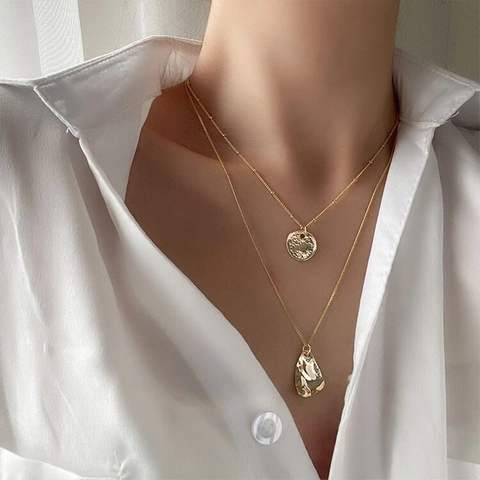 Multi Layered Necklace Gold Plated Copper Hammered Coin Geometric Irregular Pendant Minimalist Elegant For Women