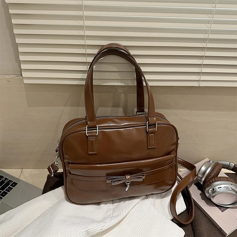 Sac Fourre-tout en Cuir PU Mode Femme Sac à Main Vintage Avec Nœud Pendentif Coeur Pour Trajet Quotidien Travail Décontracté Sac à Main