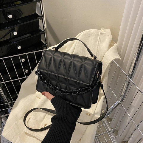 Women Fashion Quilted PU Leather Crossbody Bag Small Square Shoulder Bag With Chunky Chain Top Handle Solid Color Handbag